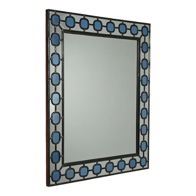 Scandinavian Mirror with Blue Leaded Glass Frame, 1940s For Sale