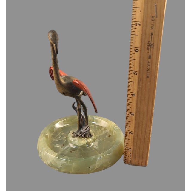 Antique Austrian Bronze Marked Polychrome Cold Painted Flamingo Bird Green Onyx Trinket Holder Tray For Sale - Image 6 of 10