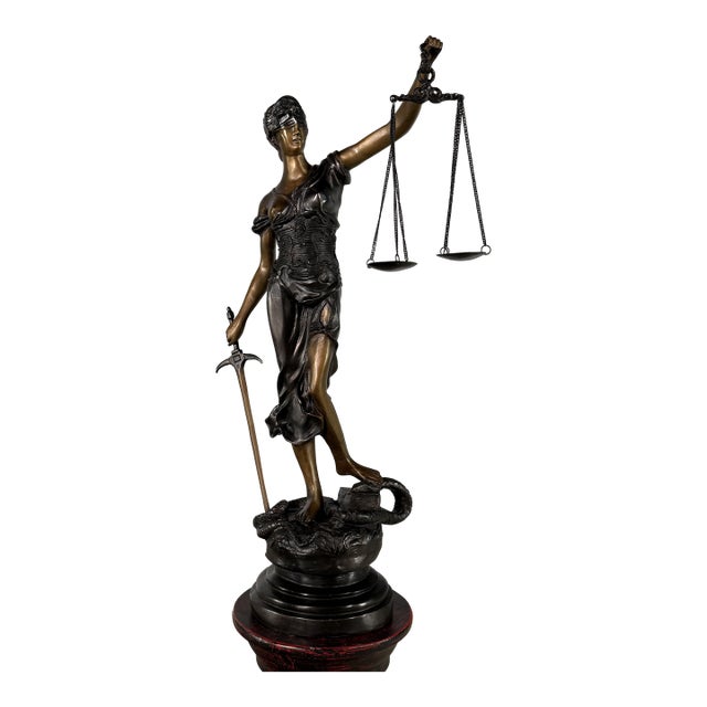Bronze Lady Justice Sculpture – Blindfolded Justitia With Scales & Sword, 29” Tall For Sale