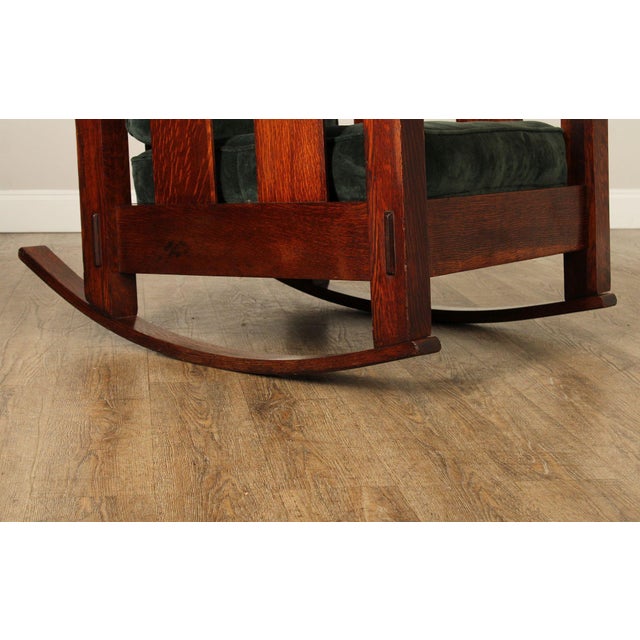 Wood Stickley Brothers Antique Oak Arts & Crafts Rocking Chair With Green Upholstered Cushions For Sale - Image 7 of 18