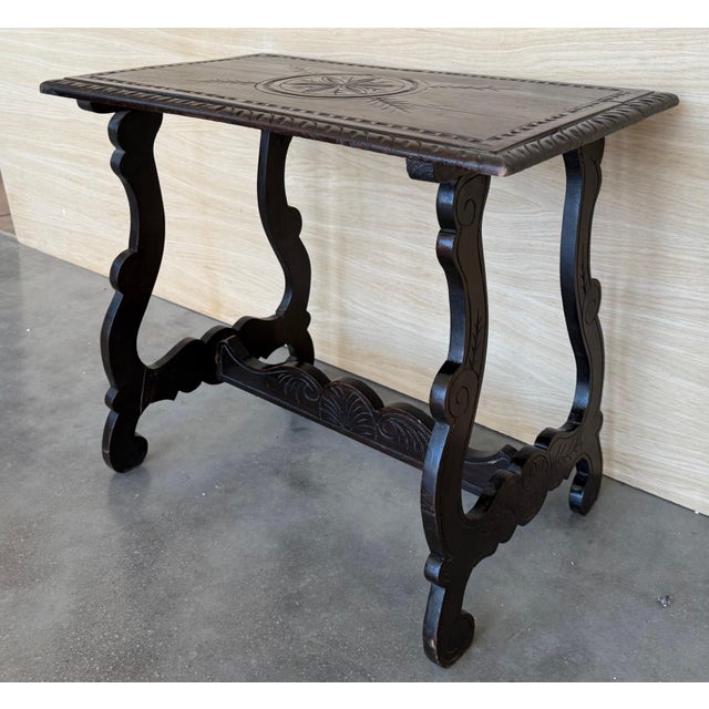19th Baroque Spanish Side Table with Lyre Legs and Carved Edges For Sale - Image 11 of 18