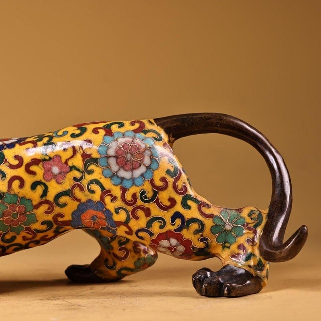 Yellow Gilt Bronze Cloisonné Enamel Leopard Figure in Stalking Pose For Sale - Image 8 of 10