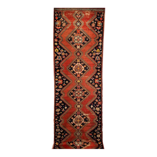 Antique Caucasian Karabagh Runner, Hand-Knotted Wool, Red & Navy, 4' x 17' For Sale