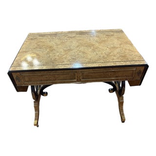 1970s Baker Furniture Regency Burl Wood Writing Desk With Lyre Base For Sale