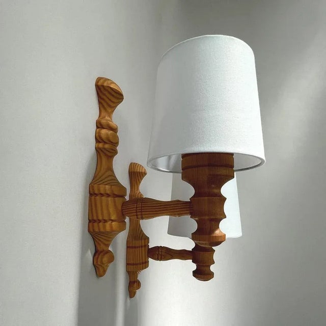 1970s Pine and Fabric Wall Lights, Sweden, 1960s, Set of 2 For Sale - Image 5 of 12
