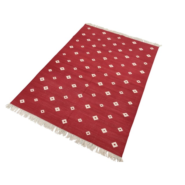 Textile Handmade Cotton Diamond Rug, Red And White 4'x6' For Sale - Image 7 of 7
