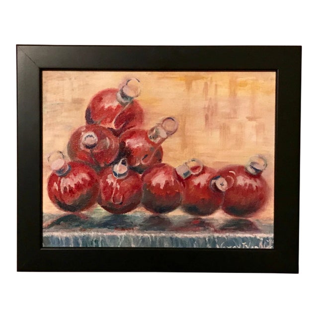 Red Fountain Balls, New York City, Original Oil Painting, Holiday Art For Sale