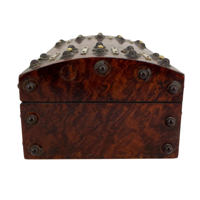 Mid 19th Century Burl Walnut and Brass Dome-Top Box With Mother-Of-Pearl, English, Ca. 1860 For Sale - Image 5 of 9