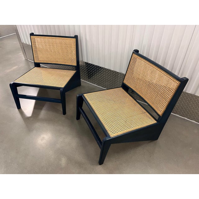 Wood Pair of Mid Century Modern Blue Caned Z Chairs in the Style of Pierre Jeanneret For Sale - Image 7 of 13