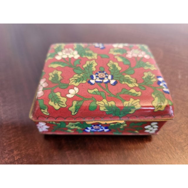 Vintage Chinese Colorful Floral Red Cloisonné Box For Sale - Image 13 of 13