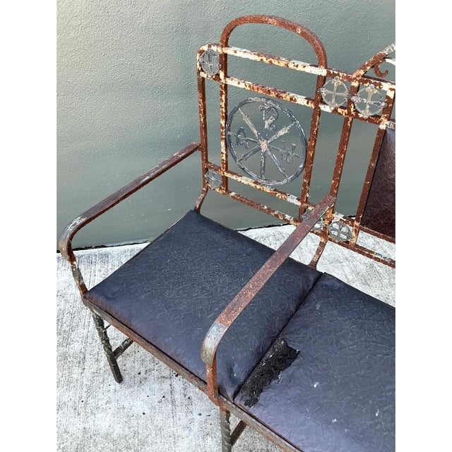 Vintage Distressed Metal and Upholstery Bench For Sale - Image 4 of 12