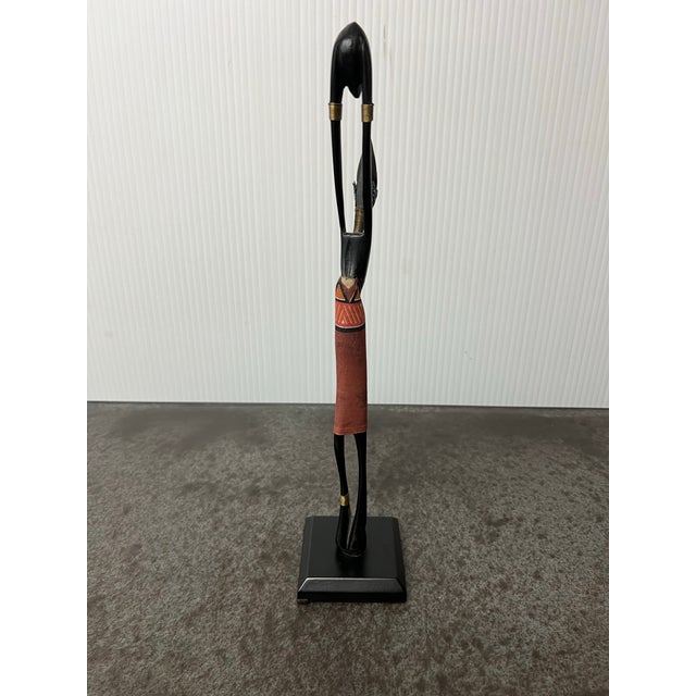 Handcrafted African Carved Figurine + Fabric Headpiece + Wood Carved + Metal Accents For Sale - Image 10 of 11