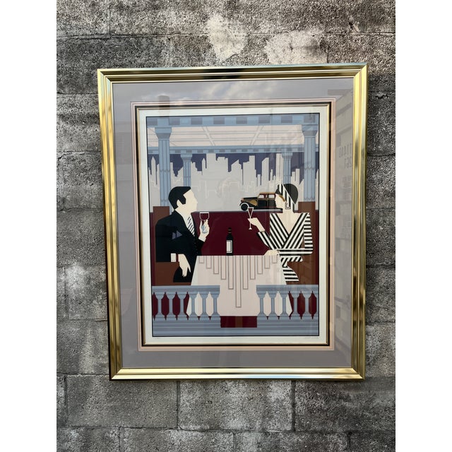 Art Deco Large 1980s Art Deco Revival Framed Silkscreen "Rendezvous" Signed by the Artist. For Sale - Image 3 of 18