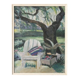 Lovely Vintage Impressionist Garden Backyard Scene Pastel Drawing – Patio Chair Under Tree, Framed For Sale