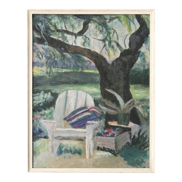 Lovely Vintage Impressionist Garden Backyard Scene Pastel Drawing – Patio Chair Under Tree, Framed For Sale