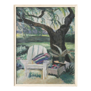 Vintage Impressionist Garden Scene Pastel Drawing – Patio Chair Under Tree, Framed