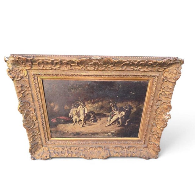 The Rabbit Duel Anthropomorphic Animal, 19th Century, Oil on Panel For Sale - Image 4 of 11