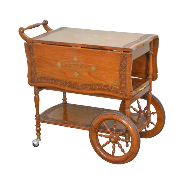 Indian Teak Wood Brass Marquetry Inlaid Serving Tea Cart Chairish