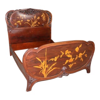 Rare French Walnut and Satinwood Art Nouveau Near Queen Bed Manner Emile Galle For Sale