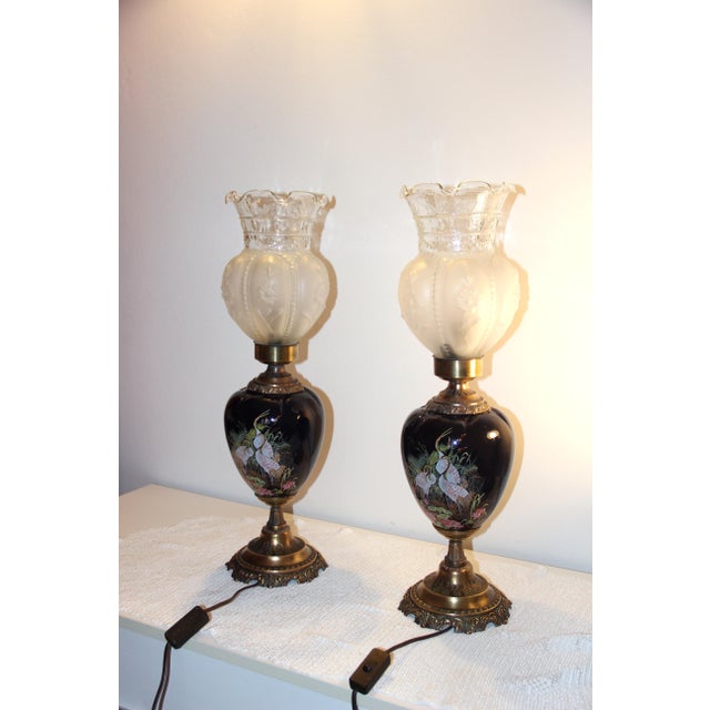 Metal Cobalt Blue Ceramic and Brass Buffet Lamps with Satin Glass Shades, 1960s, Set of 2 For Sale - Image 7 of 12