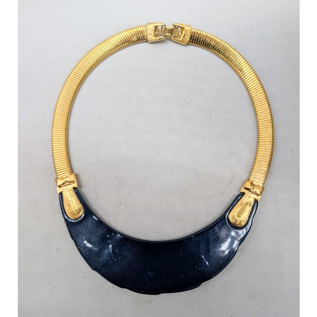 Metal Vintage 1980s Signed Monet Goldtone Navy Blue Resin Molded Collar Necklace For Sale - Image 7 of 7
