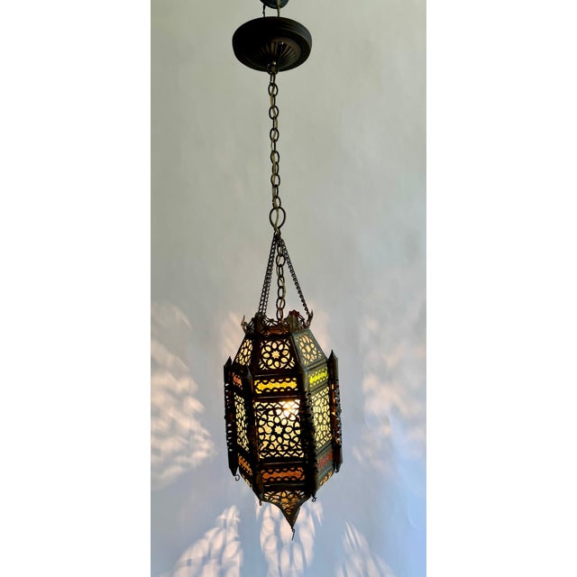 Very detailed, finely crafted pierced brass hanging lantern, recently electrified, perfect to hang in a hallway, small...