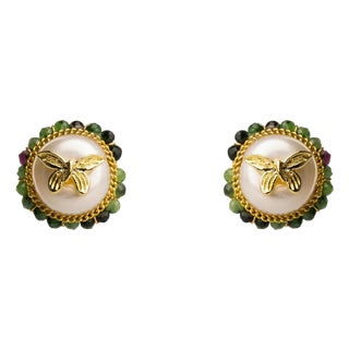 Jade Halo Pearl & Gold Butterfly Stud Earrings, A Pair For Sale