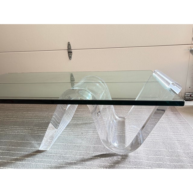 Mid-Century Rectangular Glass Lucite Wave Zig Zag Coffee Cocktail Table. Measures 48”x30” with thick glass top and Lucite...