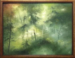 "Untitled" Contemporary Petras Lukosius Original Expressionist Forest Landscape Oil Painting, Framed