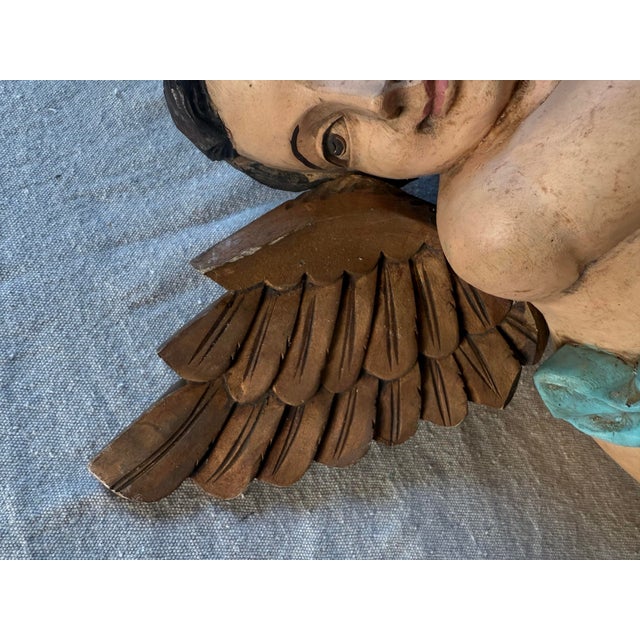 19th Century Large Polychrome Italian Wooden Carved Putto Angel For Sale In New York - Image 6 of 14