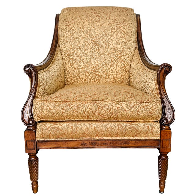 Drexel Heritage Drexel Heritage Neoclassical Bergère Chairs in Antique Cherry & Custom Upholstery - A Pair For Sale - Image 4 of 18