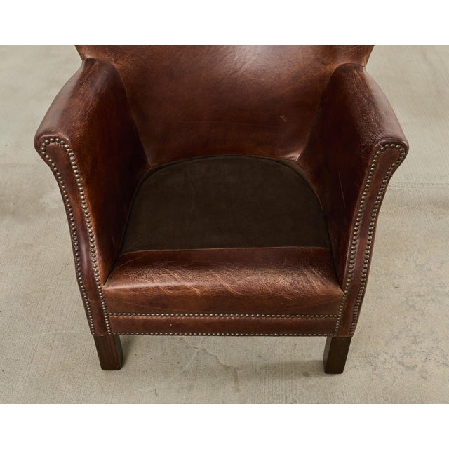 French Art Deco Style Cigar Leather Wing Back Club Chair For Sale - Image 13 of 17