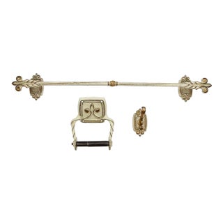 Vintage French Provincial Off White & Gold 3 Piece Bathroom Hardware Set For Sale