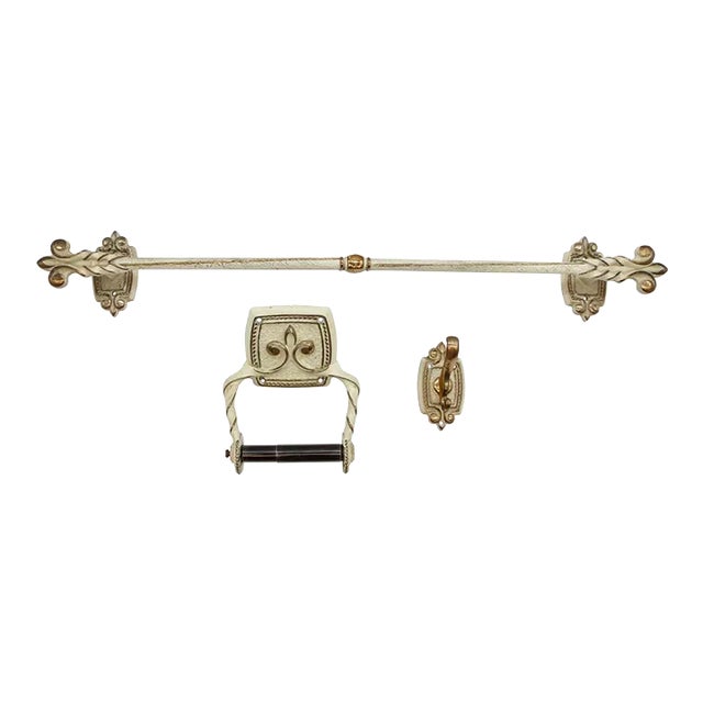 Vintage French Provincial Off White & Gold 3 Piece Bathroom Hardware Set For Sale