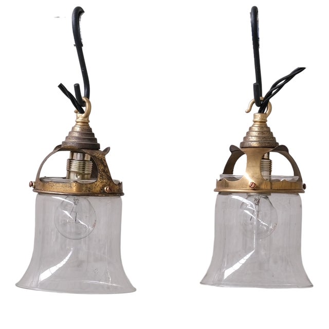 Mid-Century French Bell Shaped Clear Glass and Brass Pendants, Set of 2 For Sale