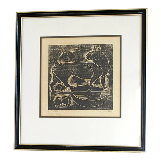 1960s E. Romano "Cat and Lute" Woodcut For Sale