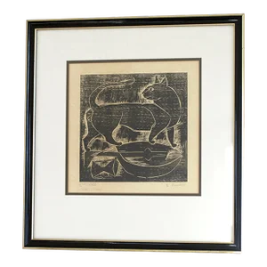 1960s E. Romano "Cat and Lute" Woodcut