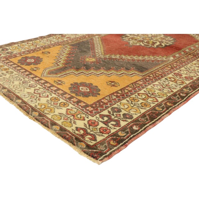 51391 Vintage Turkish Oushak Rug, 04'00 x 06'10. This hand knotted wool vintage Turkish Oushak rug presents a harmonious...