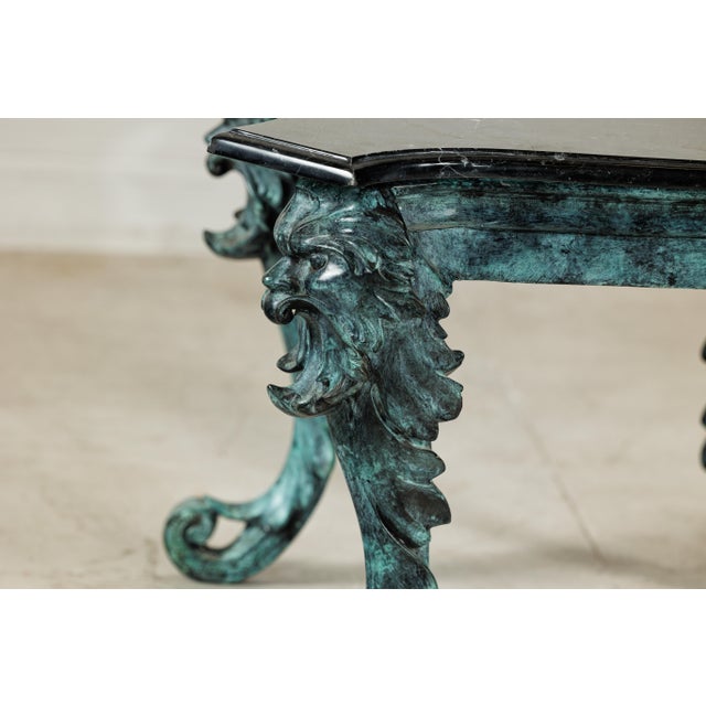 Metal Late 20th Century Verdigris Bronze Side Table with Mythological Figures & Black Marble Top For Sale - Image 7 of 18