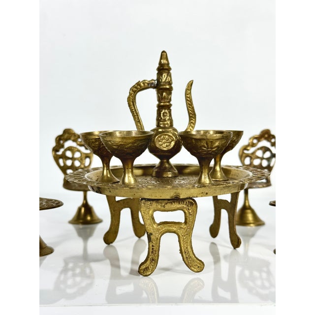 Moroccan 10 Piece Set Vintage Miniature Brass Table, 4 Chairs, 4 Goblets, Pitcher For Sale - Image 3 of 6