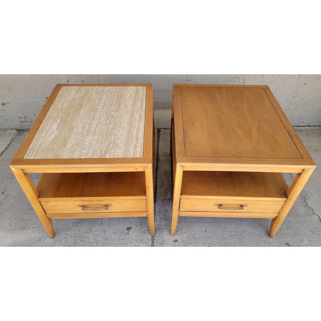 1960s Drexel End Tables With Travertine / Marble Top a Pair For Sale - Image 5 of 14