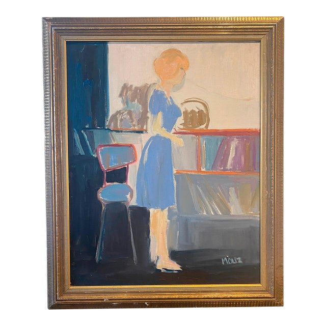 1960s Vintage Oil Painting of Girl in Blue by Molly Schiff, Framed For Sale