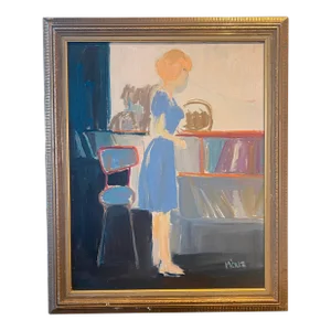 1960s Vintage Oil Painting of Girl in Blue by Molly Schiff, Framed