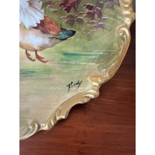 Antique Limoges Coronet France Hand Painted Mallard Duck Plate With Gilded Rococo Rim For Sale - Image 11 of 11