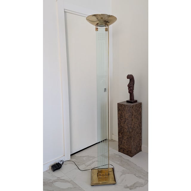 1980's Mid-Century Modern Glass & Brass Torchiere Floor Lamp For Sale In Dallas - Image 6 of 11