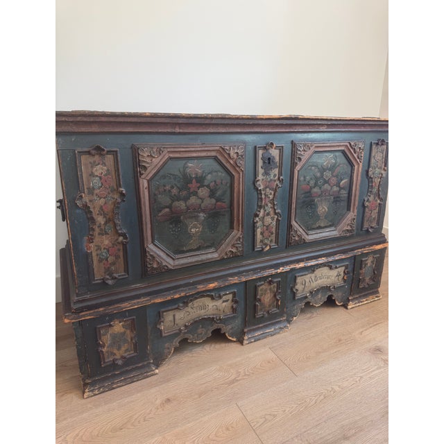 Hand painted European pine blanket, chest feature folk art floral panels and a rich blue ground ,dated 1794.Decorative...