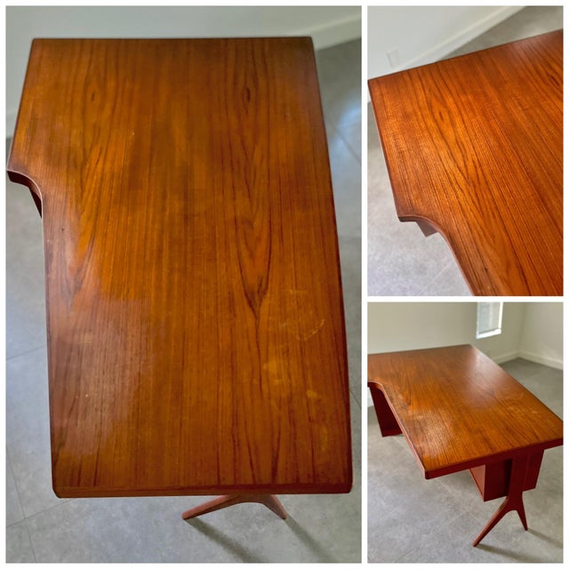 Teak Boomerang Writer's Desk With Floating Drawer Bank and Front Display | Mid Century Atomic in the Style of Kai Kristiansen For Sale - Image 11 of 12