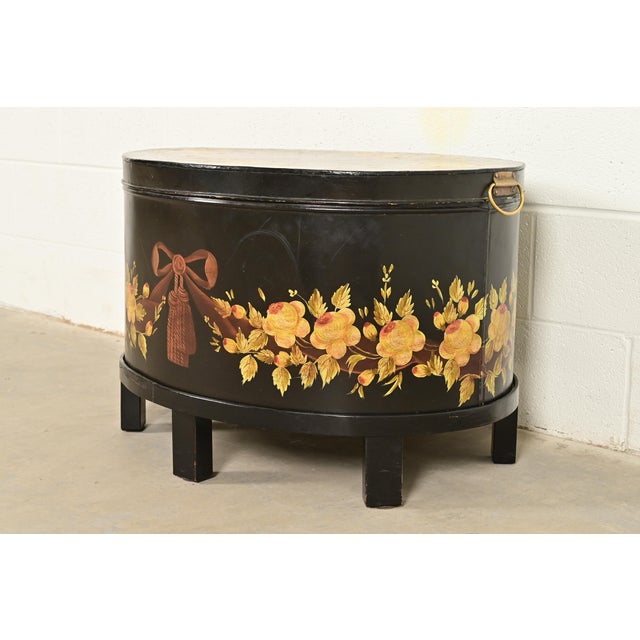 Maitland - Smith Maitland Smith Neoclassical Hand-Painted Black Lacquered Oval Toleware Box or Chest on Stand For Sale - Image 4 of 15