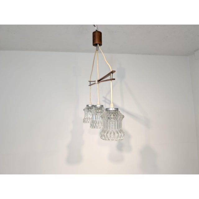 Teak Pendant with Ribbed Glass Shades, 1960s For Sale - Image 4 of 14