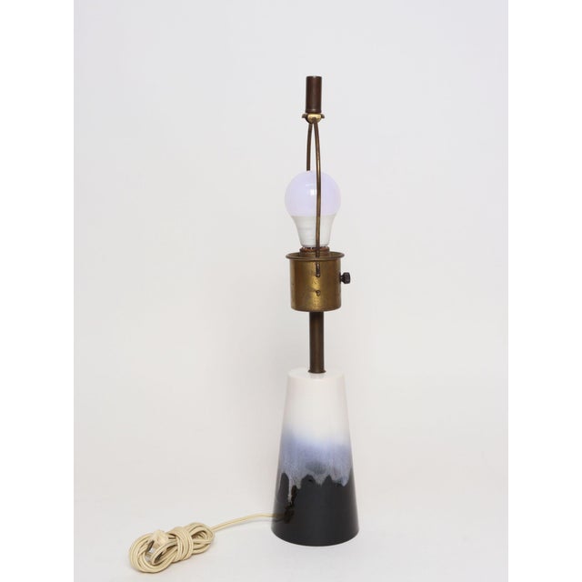 Navy Blue Vintage Atomic Aladdin Matte Blue and White Glazed Ceramic Table Lamp With Shade For Sale - Image 8 of 18
